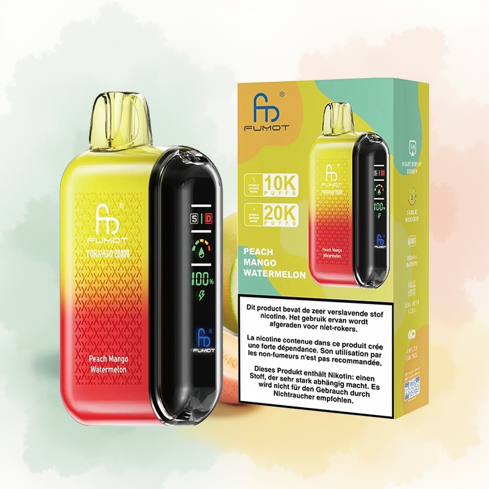 Fumot Tornado 20000 Puffs Brzoskwinkowy Mango Arbuz z Podwójną Siatką i Kontrolą Przepływu Powietrza