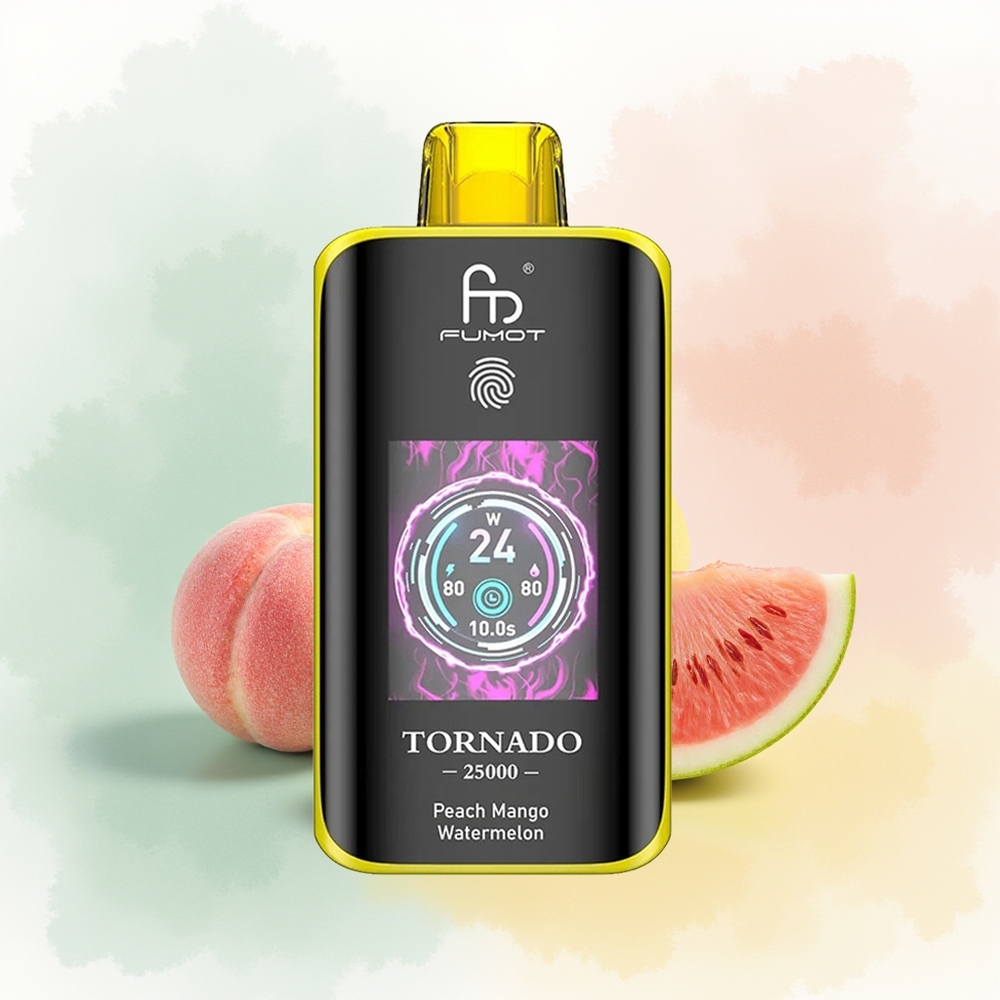Fumot Tornado 25000 Puffs Brzoskwiniowe Mango Arbuz z Ekranem HD i Ładowaniem Type-C