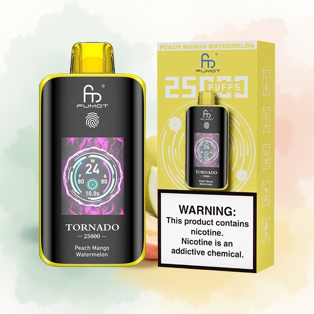 Fumot Tornado 25000 Puffs Brzoskwiniowe Mango Arbuz z Ekranem HD i Ładowaniem Type-C